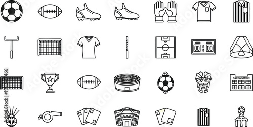 A collection of monochrome line icons depicts various essential elements related to football and sports officiating equipment.