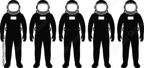 Row of identical black silhouette figures of astronauts in full space suits standing side by side