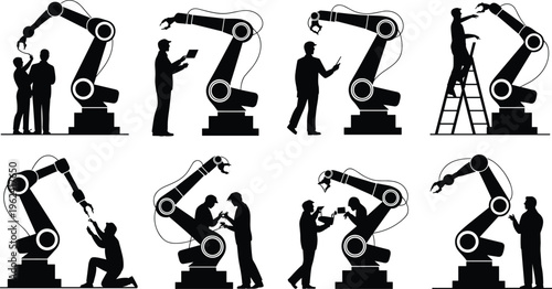 Silhouettes of industrial robotic arms interacting with human figures in various assembly and maintenance scenarios