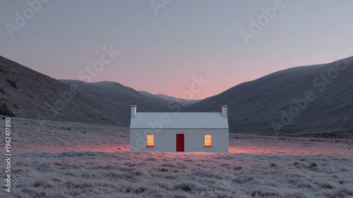 Minimalist cottage glows under the twilight sky
