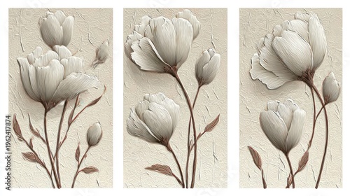Elegant floral artwork depicting stylized white tulips on a textured beige backdrop