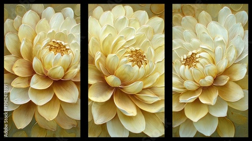 Close up of golden dahlia flowers in triptych composition with detailed petals