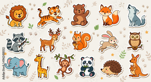 Cute wild animals cartoon illustrations stickers set. Kawaii forest, jungle and savannah wildlife clipart. Vector art.