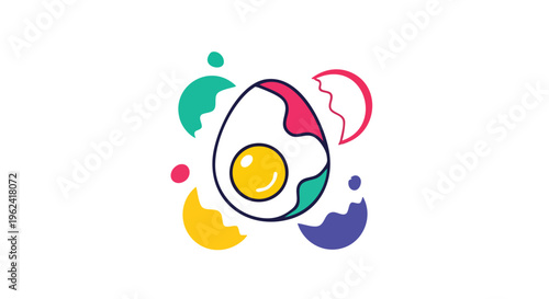 A brightly colored graphic design featuring a cracked egg with a smiling yolk, surrounded by splashes of color