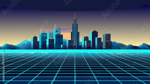 Retro wave cityscape with a vibrant grid and colorful sunset backdrop