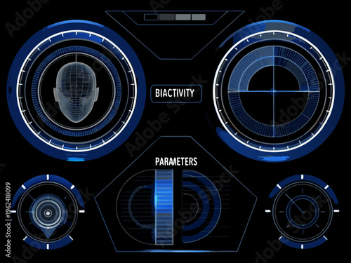 Futuristic interface displaying a human head scan with biometric data