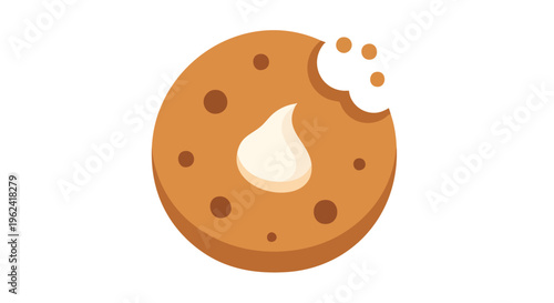 A cartoon-style illustration of a bitten cookie, featuring a white cream filling in the center and brown dots throughout