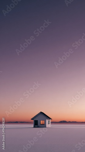Solitary house stands on a vast, serene landscape at dusk