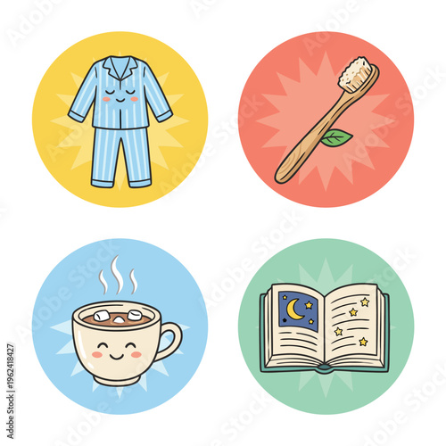 Cozy bedtime routine icons for relaxation and sleep.