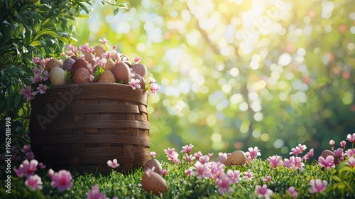 A woven basket overflowing with speckled Easter eggs and delicate pink blossoms sits led in lush green grass beneath a sun dd tree canopy, creating a festive scene.