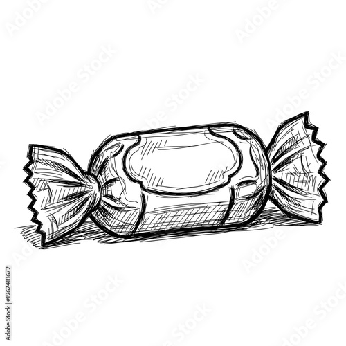 Sketch of a faded candy wrapper isolated on a white background, detailed black and white illustration with intricate shading and texture