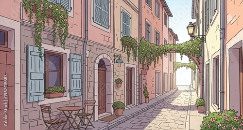 Charming pastel alley with shutters, vines, and cafe seating. Romantic European lane featuring blossoms, window boxes, and table. Quiet old street scene with floral arches, doors, and sunlight