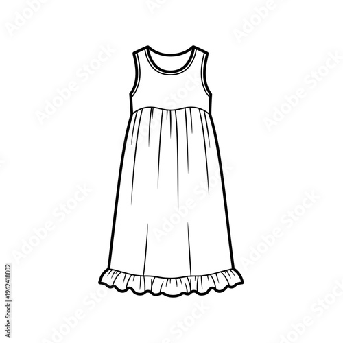 Illustration of a white cotton nightgown with ruffled hem, isolated on a white background, showcasing simple and elegant sleepwear design