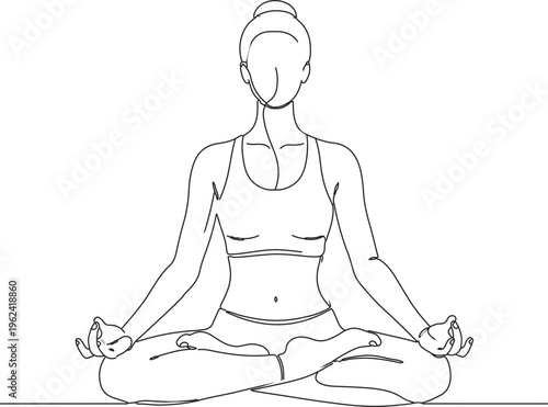 A black vector silhouette illustration shows a young woman sitting in a lotus position for zen meditation and yoga exercise to find health and balance