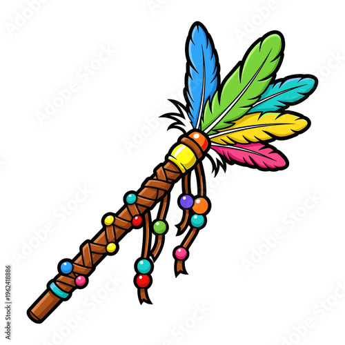 Colorful feather-adorned wand with beads isolated on a white background, featuring vibrant design and intricate details