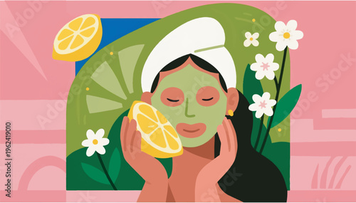 Illustration Of A Woman Using Lemon As A Facial Mask Vector Design Template