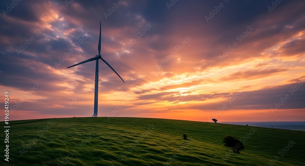 Obraz premium Majestic wind turbine stands tall on a lush green hill against a dramatic sunset sky with sun rays breaking through clouds symbolizing renewable energy and environmental sustainability