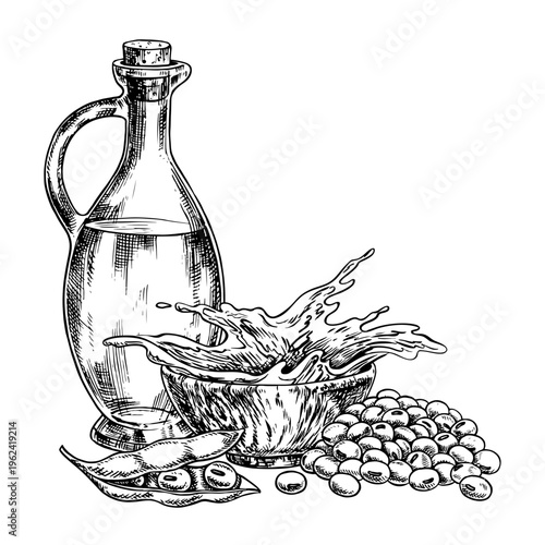 Soybean oil. A glass bottle, a handful of soybeans, and a splash of oil in a wooden bowl. Black and white vector graphics. For menus, recipes, and cookbooks. For banners, packaging, labels, and more.