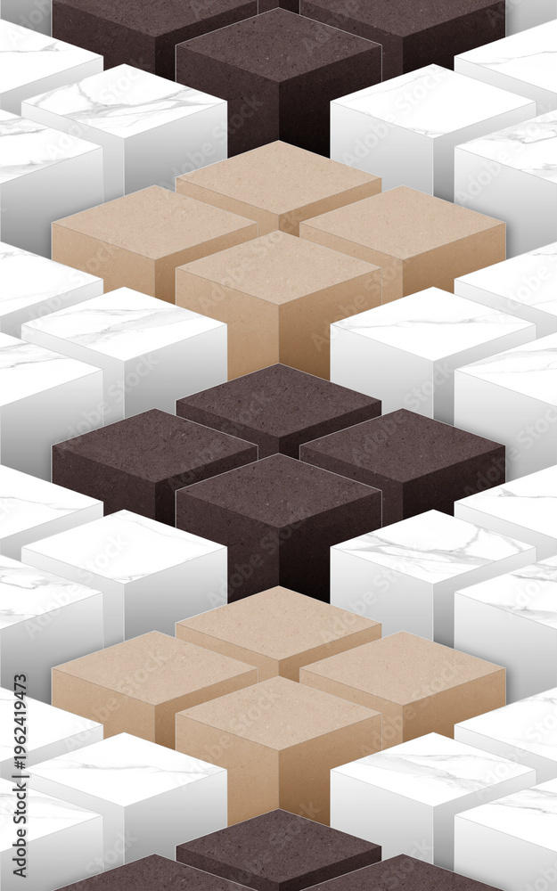 Fototapeta premium Modern 3D isometric geometric pattern with marble and wood texture blocks. Abstract background for wall tiles, flooring, and interior design. Minimalist architectural surface illustration.
