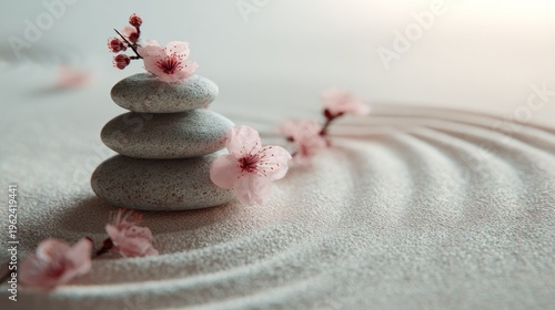 Stacked stones with cherry blossoms on sand serene meditation concept