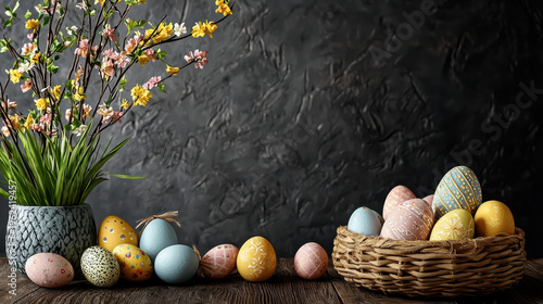 Easter eggs in a wicker basket alongside a vase with sp flowers, resting on a rustic wooden surface against a dark textured background create a festive scene.