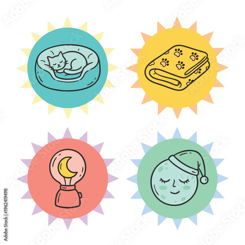 Cute Cat Sleeping Icons Set.