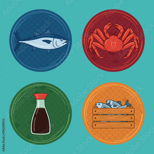 Seafood and Soy Sauce Icons.
