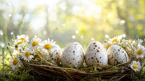 A charming birds filled with speckled easter eggs and adorned with delicate daisies rests peacefully amidst a sun dd field of vibrant green mossy foliage.
