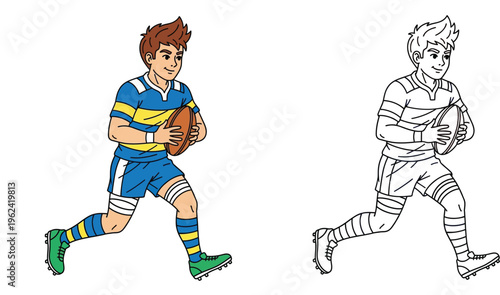 Rugby Player Illustration Set Featuring a Young Boy Running with a Ball, Includes Full Color Version and Black and White Line Art Coloring Page for Kids Sports Activities and Education