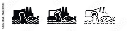 Water pollution icon set. Factory waste and environmental contamination symbol.