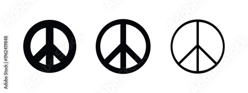 Classic peace symbol icon set in various styles, representing peace, harmony, and anti-war movement
