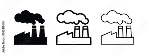 Industrial factory emitting smoke icon set, representing air pollution and environmental impact