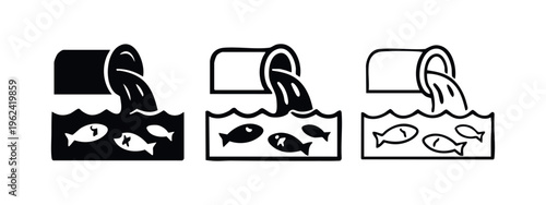 Water pollution icon set with industrial pipe discharging toxic waste into water affecting fish