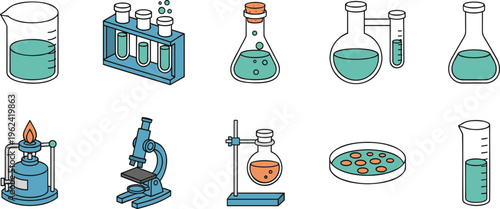 Professional laboratory glassware and scientific research equipment vector collection featuring test tubes beakers flasks and chemical experiment tools.