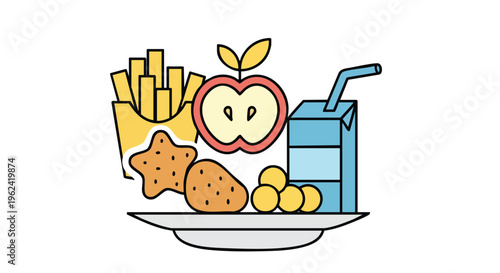 A colorful cartoon illustration of a plate featuring fries, an apple half, various fried snacks, and a juice box with a straw