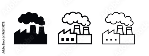 Industrial factory icon set with smoking chimneys, symbolizing industrial emissions and air pollution