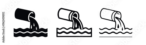 Water pollution icon set depicting industrial pipe discharging wastewater into a body of water