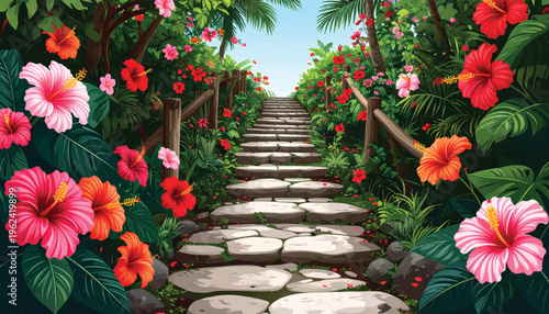 Stone stairway through tropical blooms, palms, and dense greenery. Garden ascent framed by hibiscus flowers and rustic wooden rails. Exotic staircase scene with colorful petals and lush vegetation
