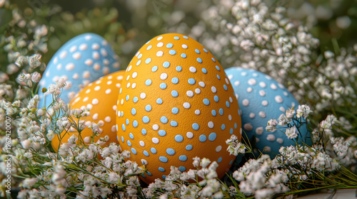 Close up of colorful easter eggs with polka dots led amongst delicate white baby's breath flowers, creating a festive and charming sptime scene.