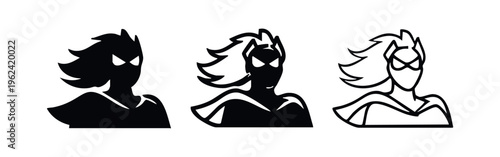 Superhero Woman Icon Set with Flowing Hair and Cape in Solid and Outline Styles
