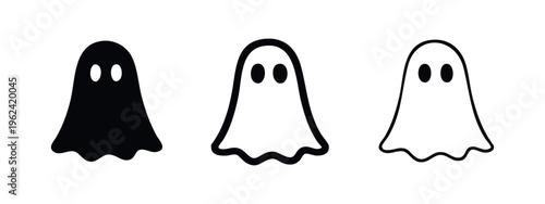 Halloween Ghost Icon Set. Spooky Phantom Silhouette and Outline Symbol Collection.