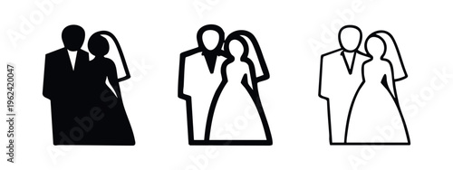 Wedding Couple Icon Set. Bride and Groom Silhouette and Outline Symbol Collection.