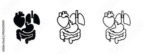 Human Internal Organs Icon Set. Heart, Lungs, Stomach, Intestines Anatomy Symbols.