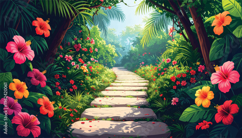 Shaded jungle path with hibiscus, foliage, and soft tropical light. Lush rainforest walkway framed by blossoms and arching trees. Verdant nature trail featuring floral borders and tranquil depth