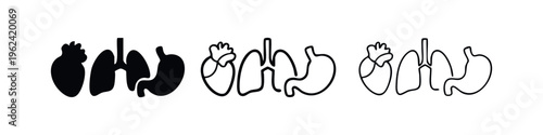 Human Torso Organs Icon Set. Heart, Lungs, and Stomach Anatomy Symbols.