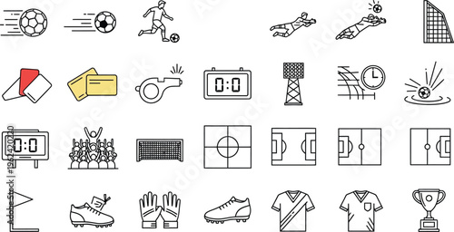 A collection of black and white line icons represents various elements related to soccer and sports officiating.