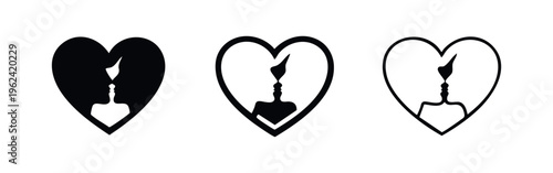 Romantic Heart Symbol with Couple in Love Kissing Silhouette Icon Set