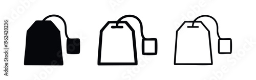 Tea Bag Icons Set. Black Silhouette and Outline Tea Bags with Label for Hot Beverage Packaging
