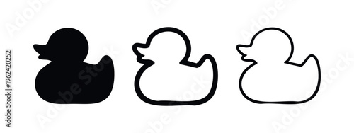 Rubber Duck Icons Set. Black Silhouette and Outline Toy Ducks for Bath Time and Childhood Fun