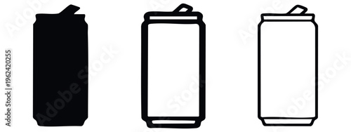 Tall Beverage Can Icons Set with Open Tabs. Black Silhouette and Outline Drink Cans